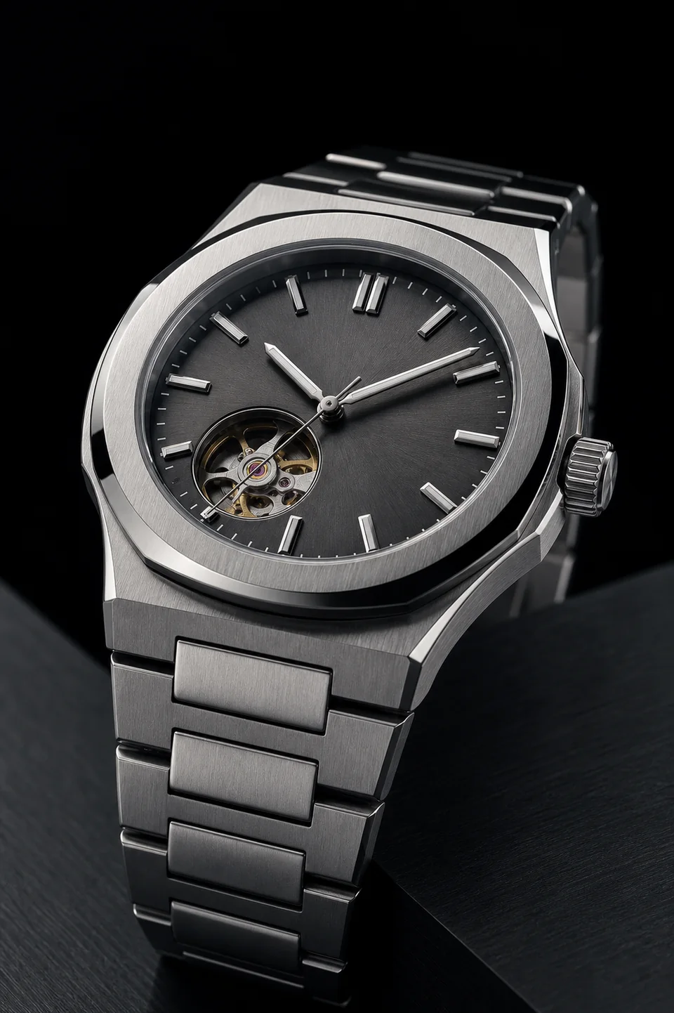 Unbranded brushed-steel automatic watch with a restrained open-heart dial.