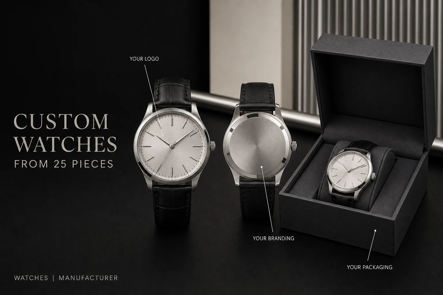 Representative private-label watch showing the dial logo area, caseback branding area and presentation packaging.