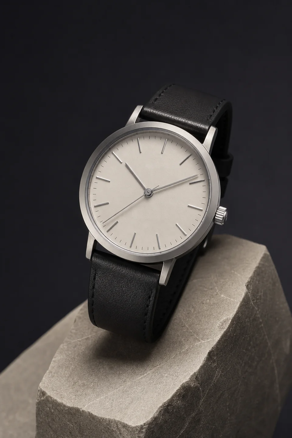 Unbranded slim quartz watch with an ivory dial and charcoal leather strap.